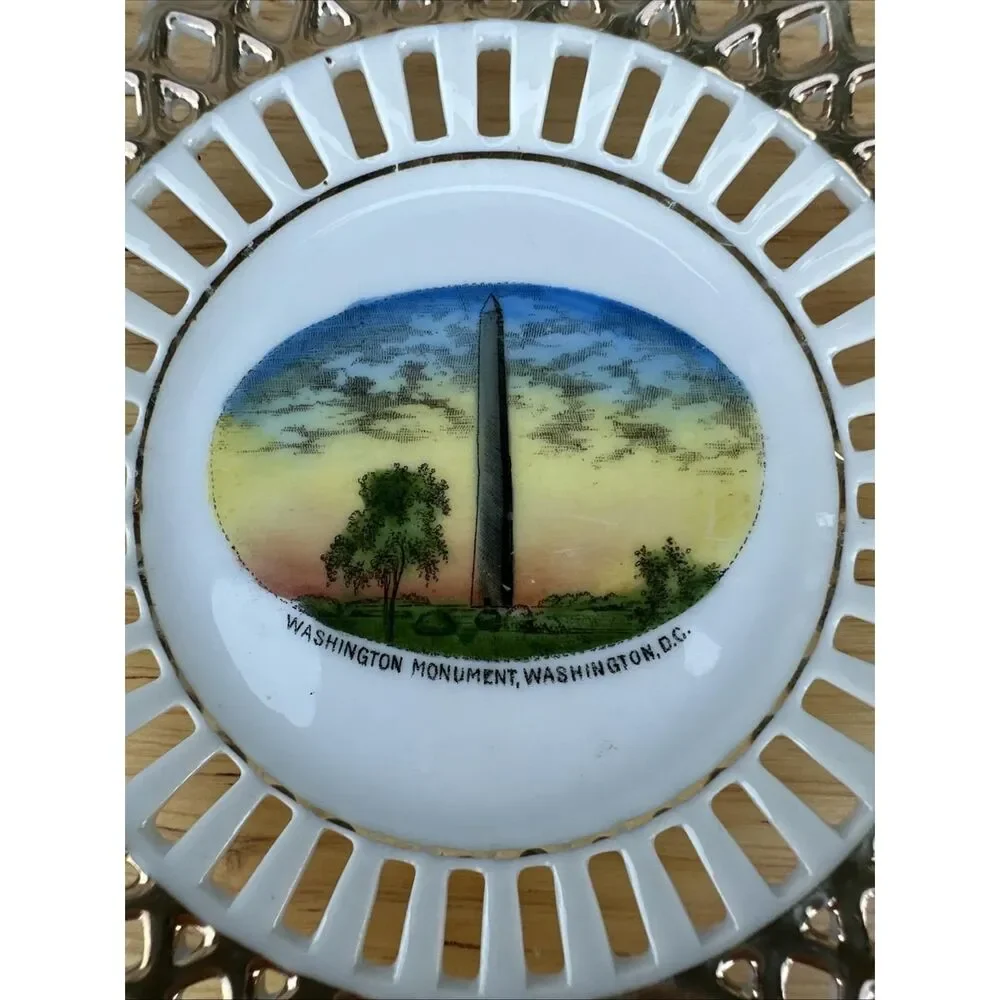 Vintage Washington Monument Plate – Reticulated Porcelain, Gold Trim, Made in Ge